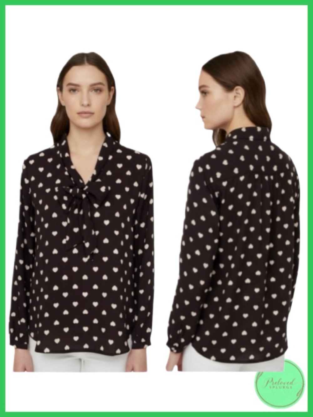 LOFT Heart Print Tie Front Long Sleeve Blouse